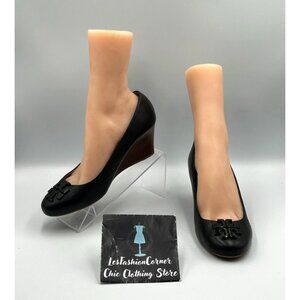 Tory Burch Women's Black Leather Lowell Wedge Heels Shoes Size 8M 3070